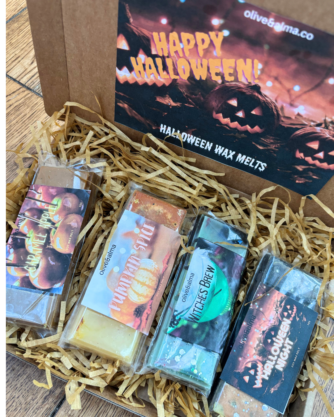 Halloween collection 4x 50g snap bars to choose from, vegan, natural, strong scent throw, eco, sustainable. Personalised letterbox gift