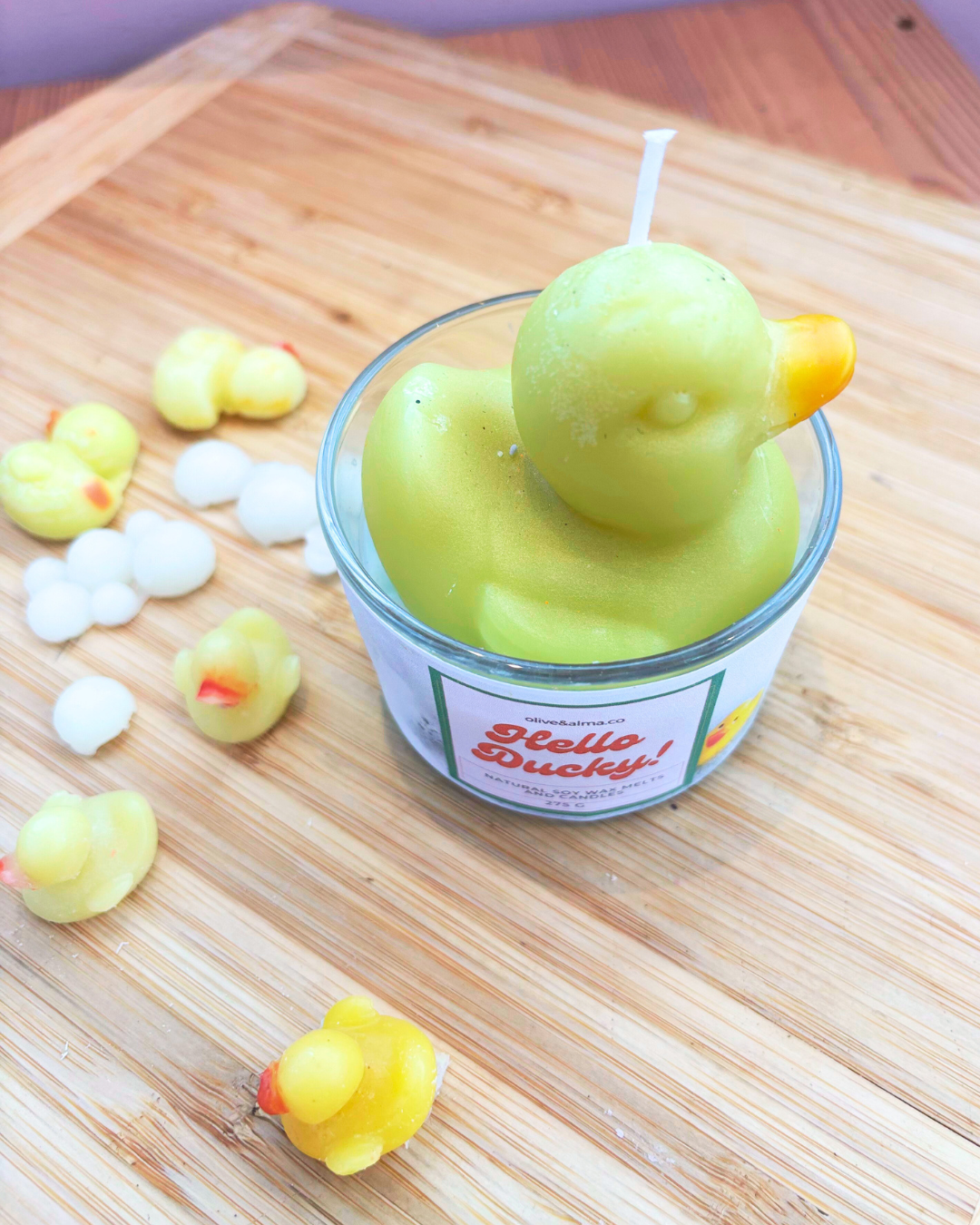 Hello Ducky container candle with lid, quirky customised gift, bubble bath scent,unique gift fun candle
