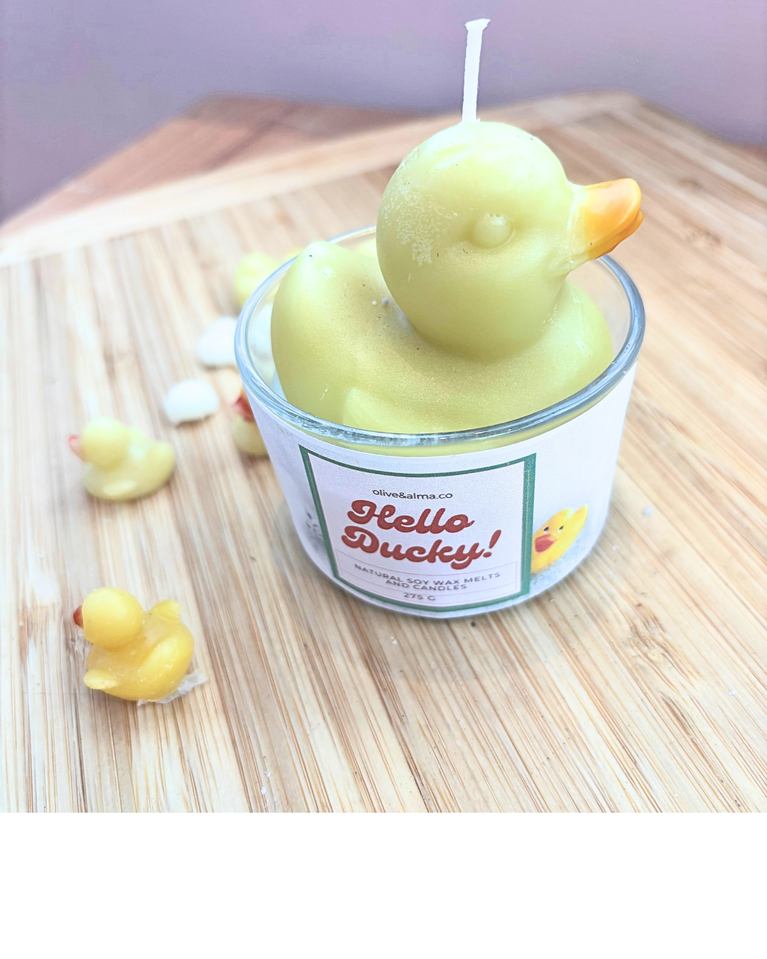 Hello Ducky container candle with lid, quirky customised gift, bubble bath scent,unique gift fun candle
