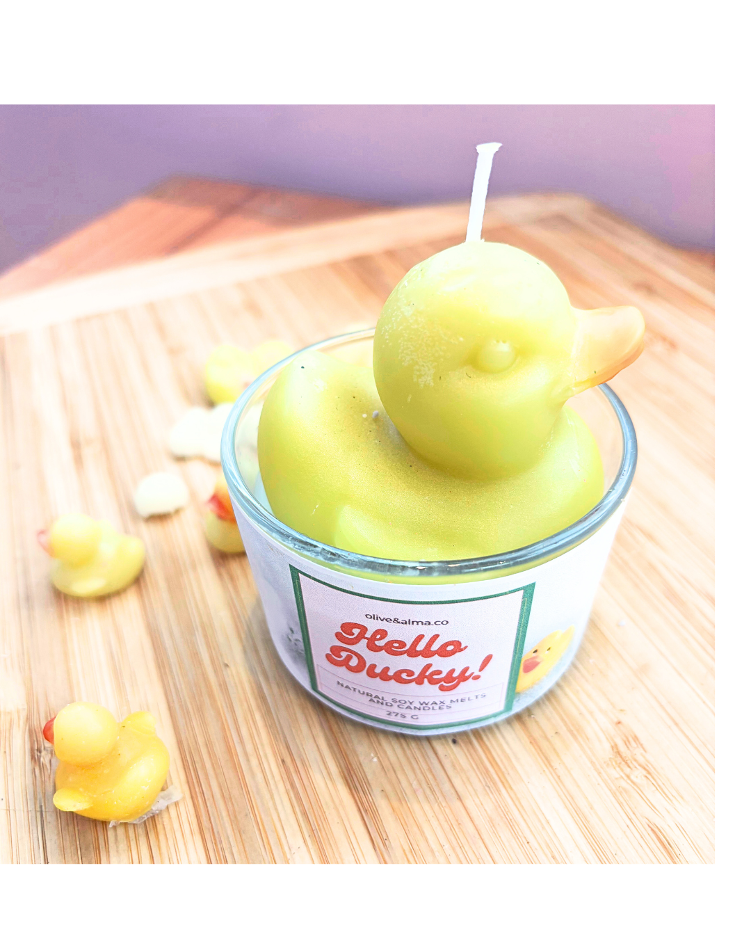 Hello Ducky container candle with lid, quirky customised gift, bubble bath scent,unique gift fun candle