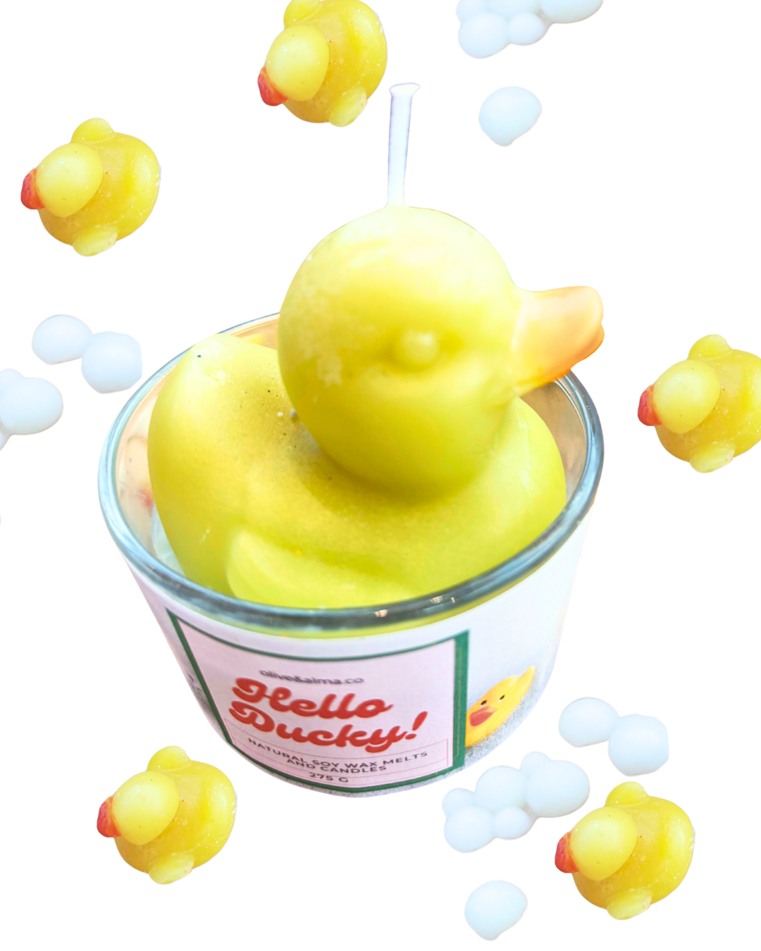 Hello Ducky container candle with lid, quirky customised gift, bubble bath scent,unique gift fun candle