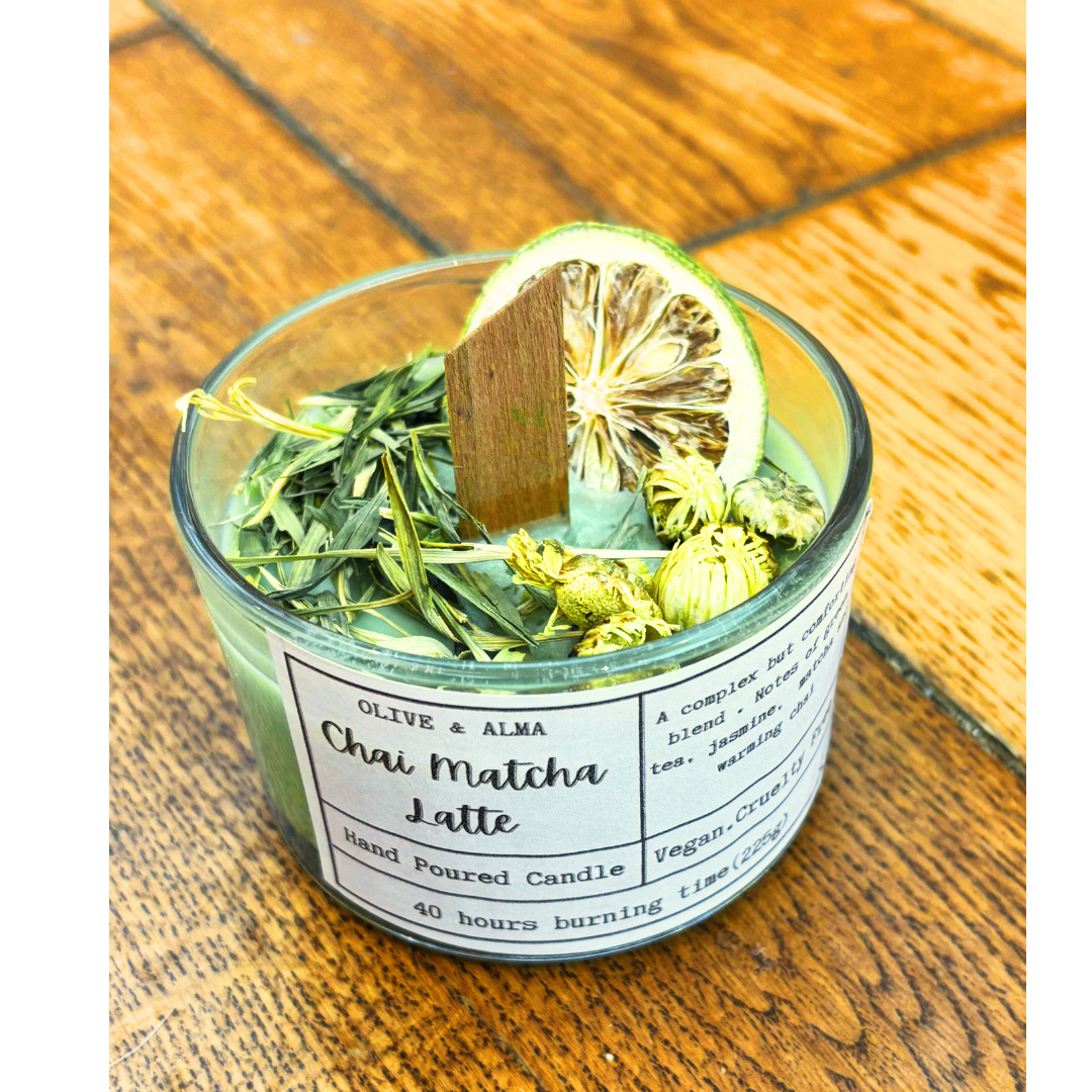 crackling wick container candle bamboo lid, Chai Matcha latte, boho, apothecary style, natural, personalised, unique gift, handcrafted