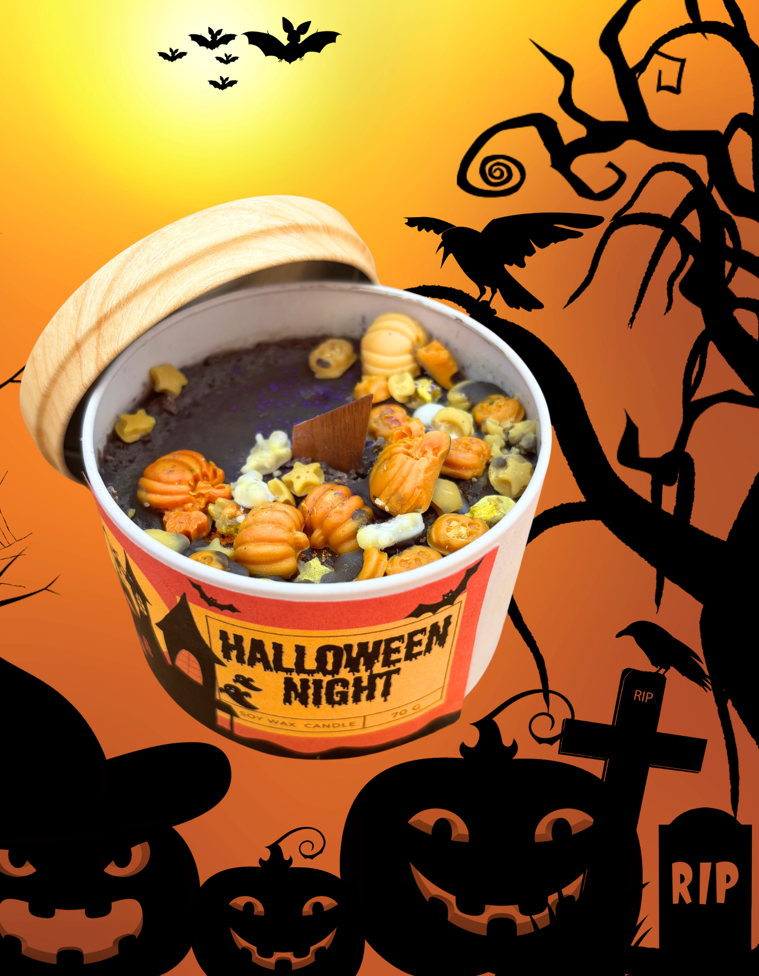 Halloween candle/container candle chocolate, vanilla and hazelnut scent in metal tin with bamboo-style lid , Halloween gift.