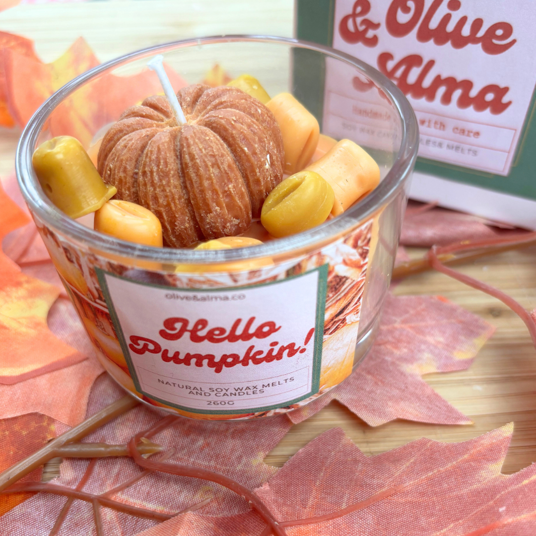 Hello Pumpkin Container candle with bamboo lid , Halloween candle, personalised, quirky gift, autumn scent,  candle jar