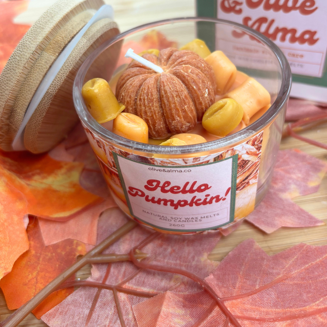 Hello Pumpkin Container candle with bamboo lid , Halloween candle, personalised, quirky gift, autumn scent,  candle jar