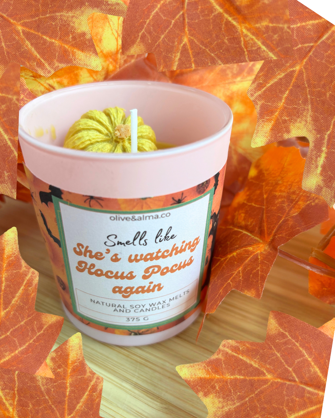 'Smells like she's watching Hocus Pocus again' Container candle Halloween candle, personalised, quirky gift, Hocus Pocus, autumn scent, fall, pink candle jar, chocolate spice scent