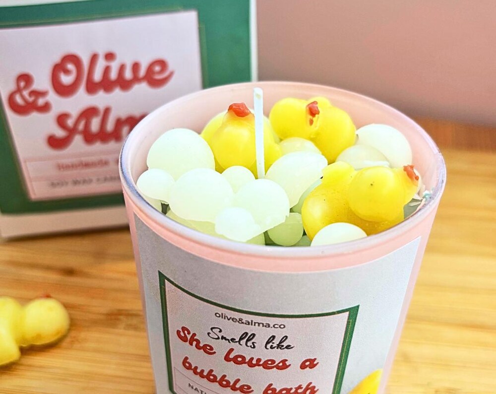 Bubble Bath Scented Candle: Pink Glass, 3D Duck, Custom Message