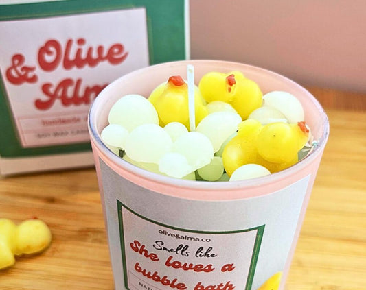 Bubble Bath Scented Candle: Pink Glass, 3D Duck, Custom Message