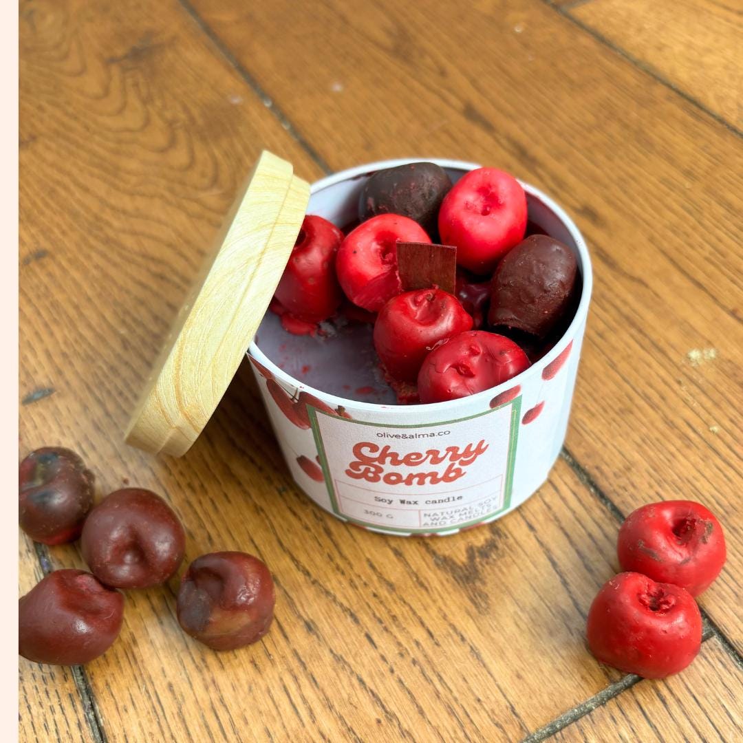 Cherry Scented Soy Candle: Crackling Wick, Bamboo Lid, Apothecary Jar