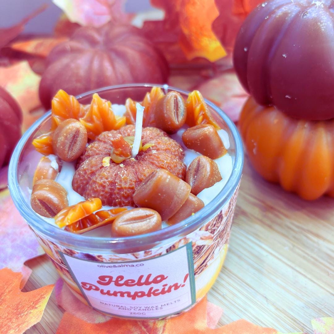 Hello Pumpkin Container candle with bamboo lid , Halloween candle, personalised, quirky gift, autumn scent,  candle jar