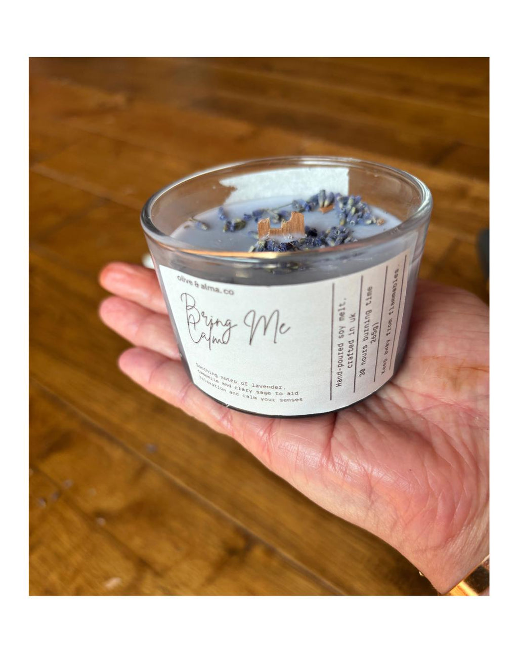 crackling wick manifestation container candle bamboo lid, lavender, boho, apothecary style, natural, personalised gift, handcrafted
