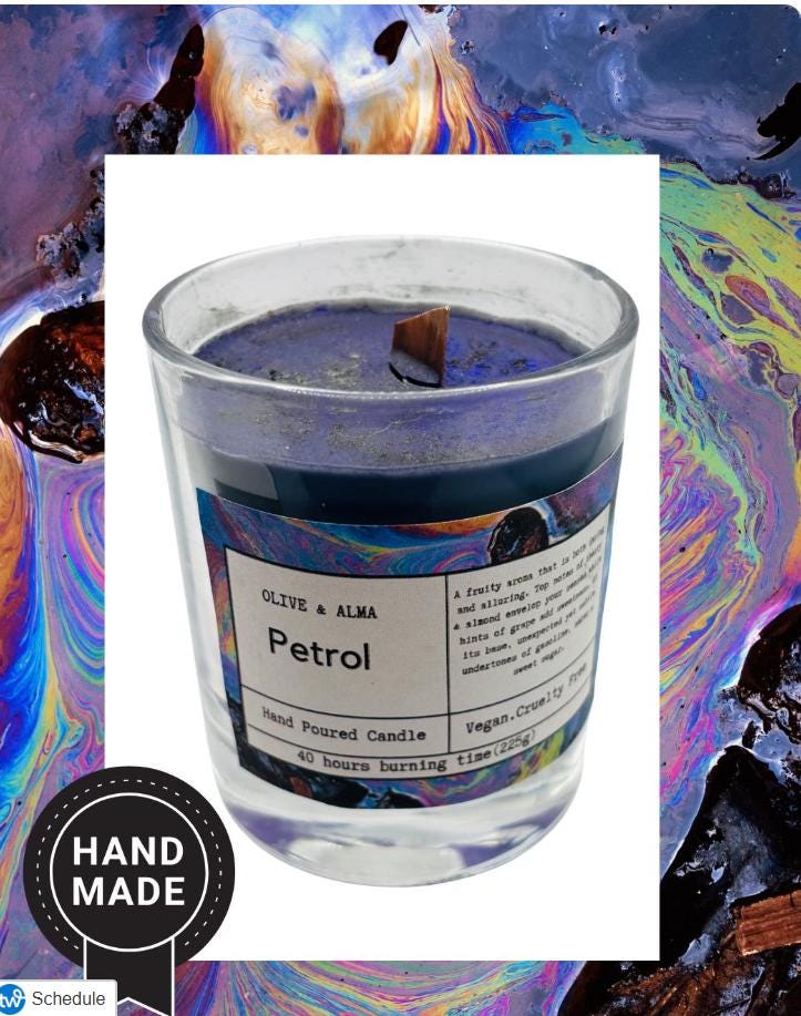 Container candle 'Petrol' scent with metal  lid ,boh, apothecary style, natural, customised gift, unique gift