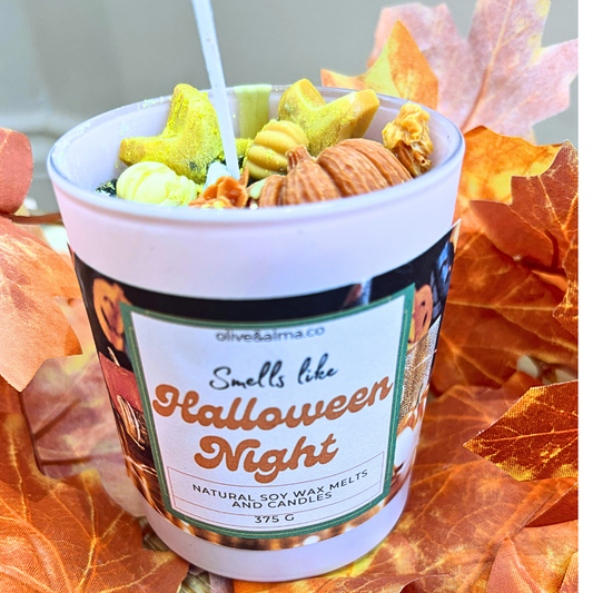 'Smells like Halloween Night' Container candle Halloween candle, personalised giftd, quirky gift, Hocus Pocus, autumn scent, fall, pink candle jar, chocolate spice scent