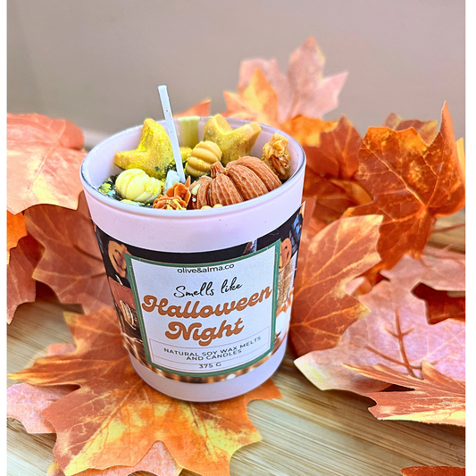 'Smells like Halloween Night' Container candle Halloween candle, personalised giftd, quirky gift, Hocus Pocus, autumn scent, fall, pink candle jar, chocolate spice scent