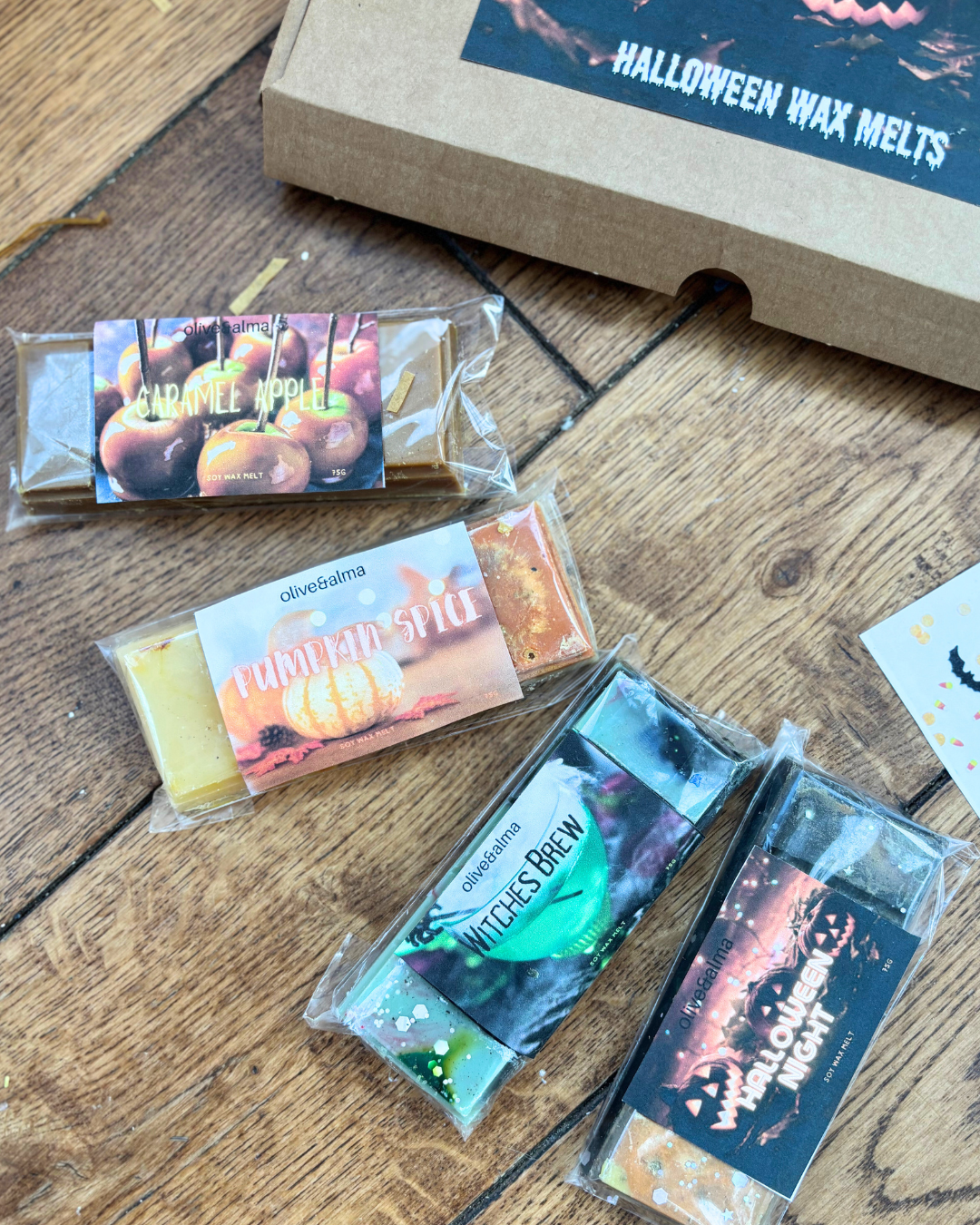 Halloween collection 4x 50g snap bars to choose from, vegan, natural, strong scent throw, eco, sustainable. Personalised letterbox gift