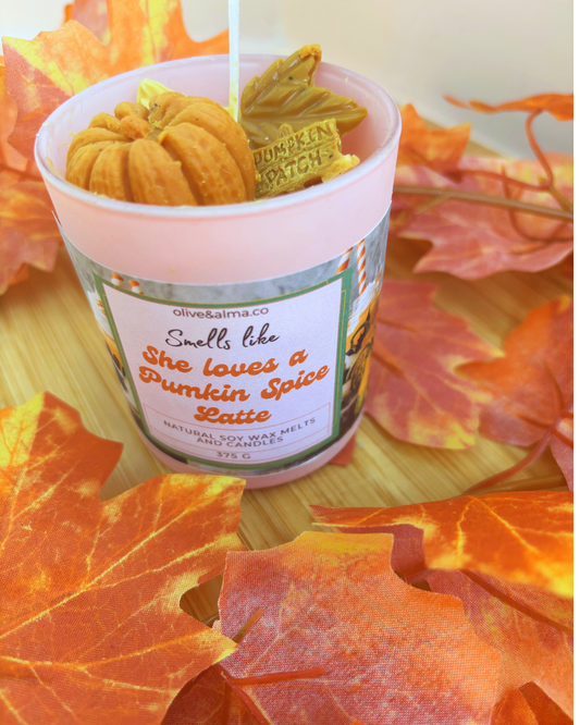 'Smells like she loves a Pumpkin Spice Latte' Container candle Halloween candle, personalised giftd, quirky gift, Hocus Pocus, autumn scent, fall, pink candle jar, chocolate spice scent