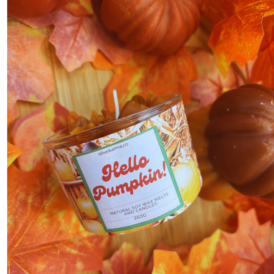 Hello Pumpkin Container candle, Halloween candle, personalised, quirky gift, autumn scent,  candle jar