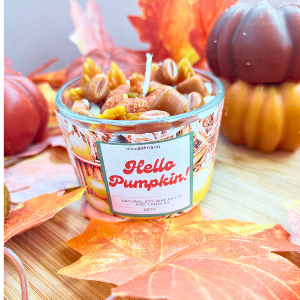 Hello Pumpkin Container candle, Halloween candle, personalised, quirky gift, autumn scent,  candle jar
