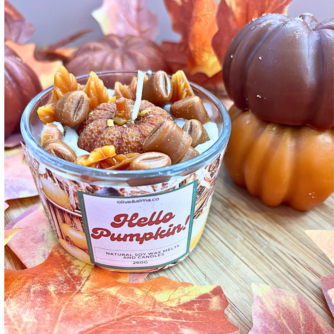Hello Pumpkin Container candle, Halloween candle, personalised, quirky gift, autumn scent,  candle jar