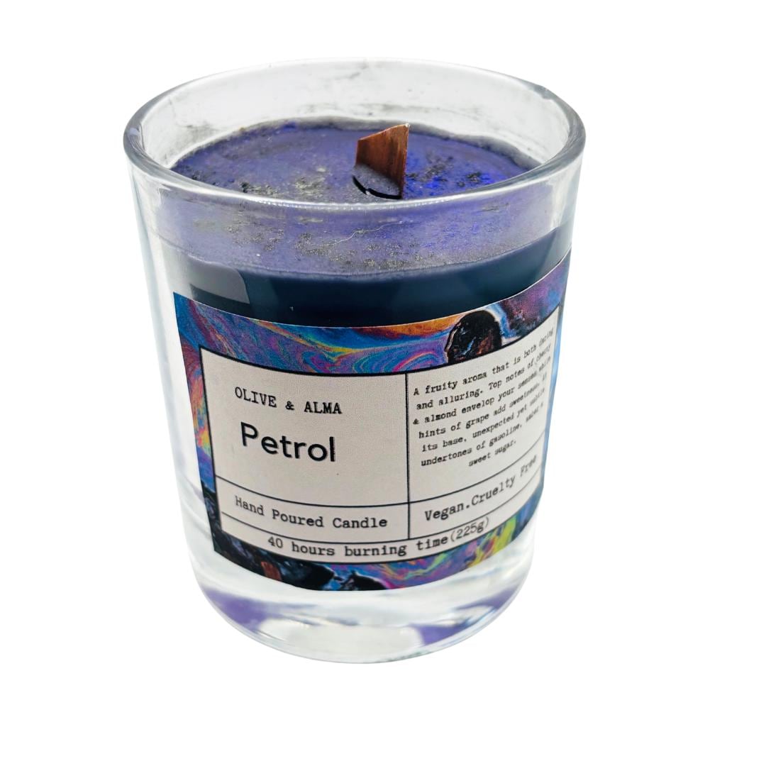 Container candle 'Petrol' scent with metal  lid ,boh, apothecary style, natural, customised gift, unique gift