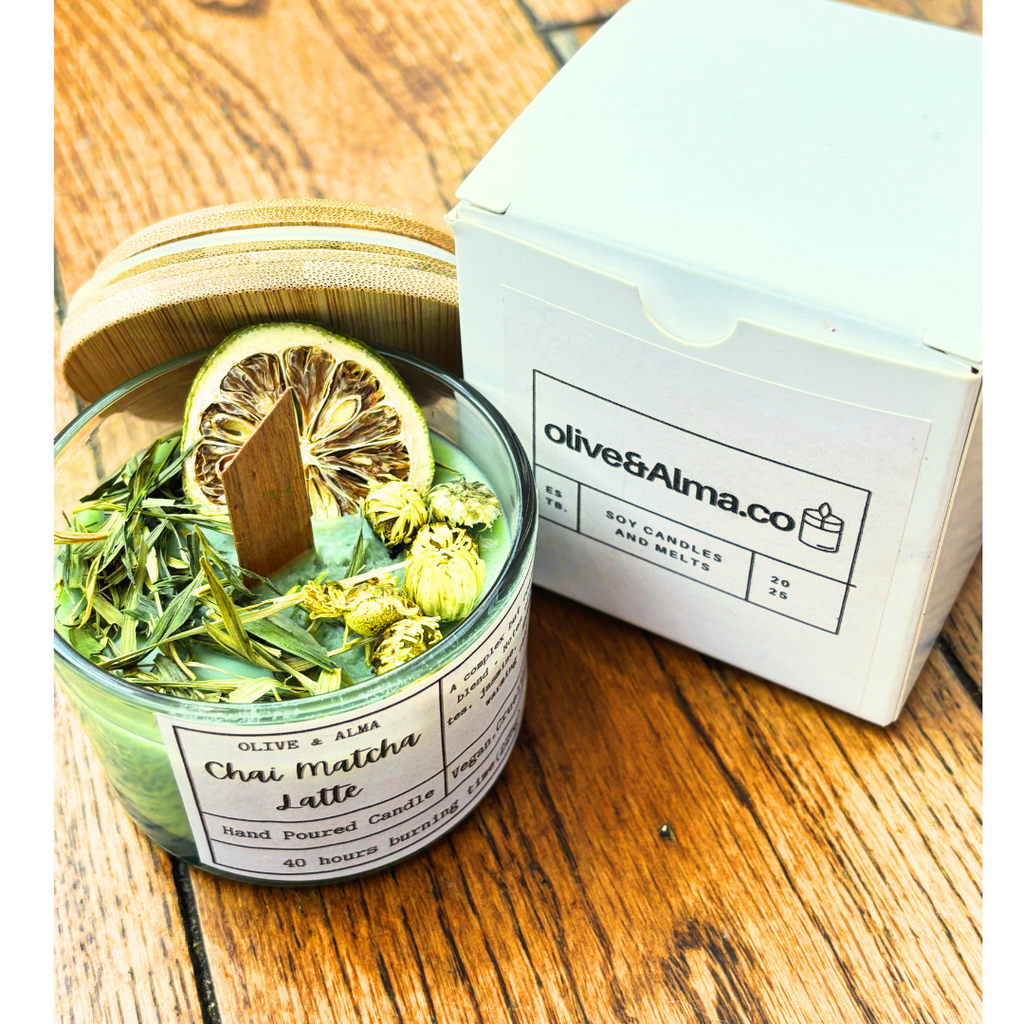 crackling wick container candle bamboo lid, Chai Matcha latte, boho, apothecary style, natural, personalised, unique gift, handcrafted