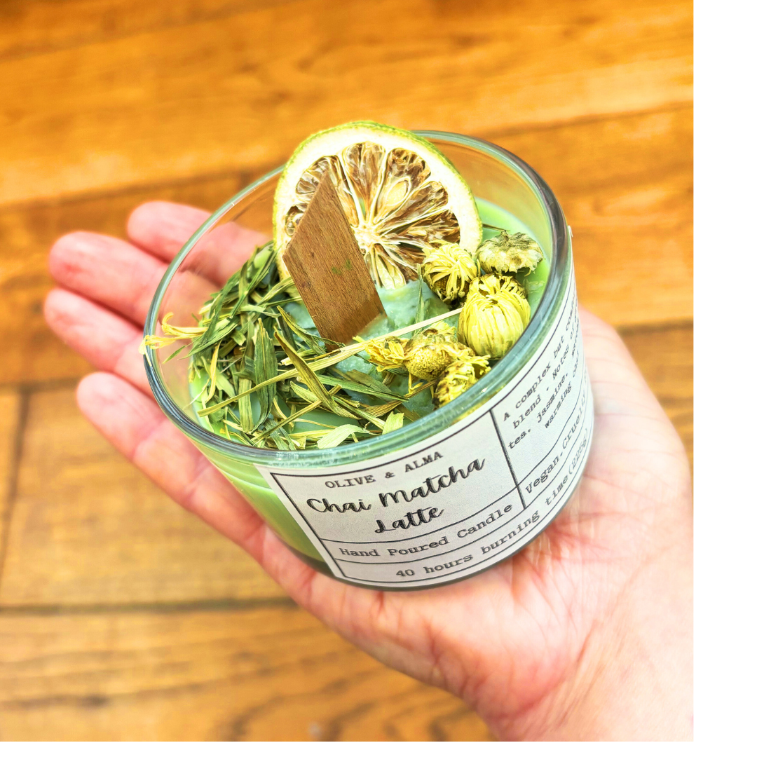 crackling wick container candle bamboo lid, Chai Matcha latte, boho, apothecary style, natural, personalised, unique gift, handcrafted