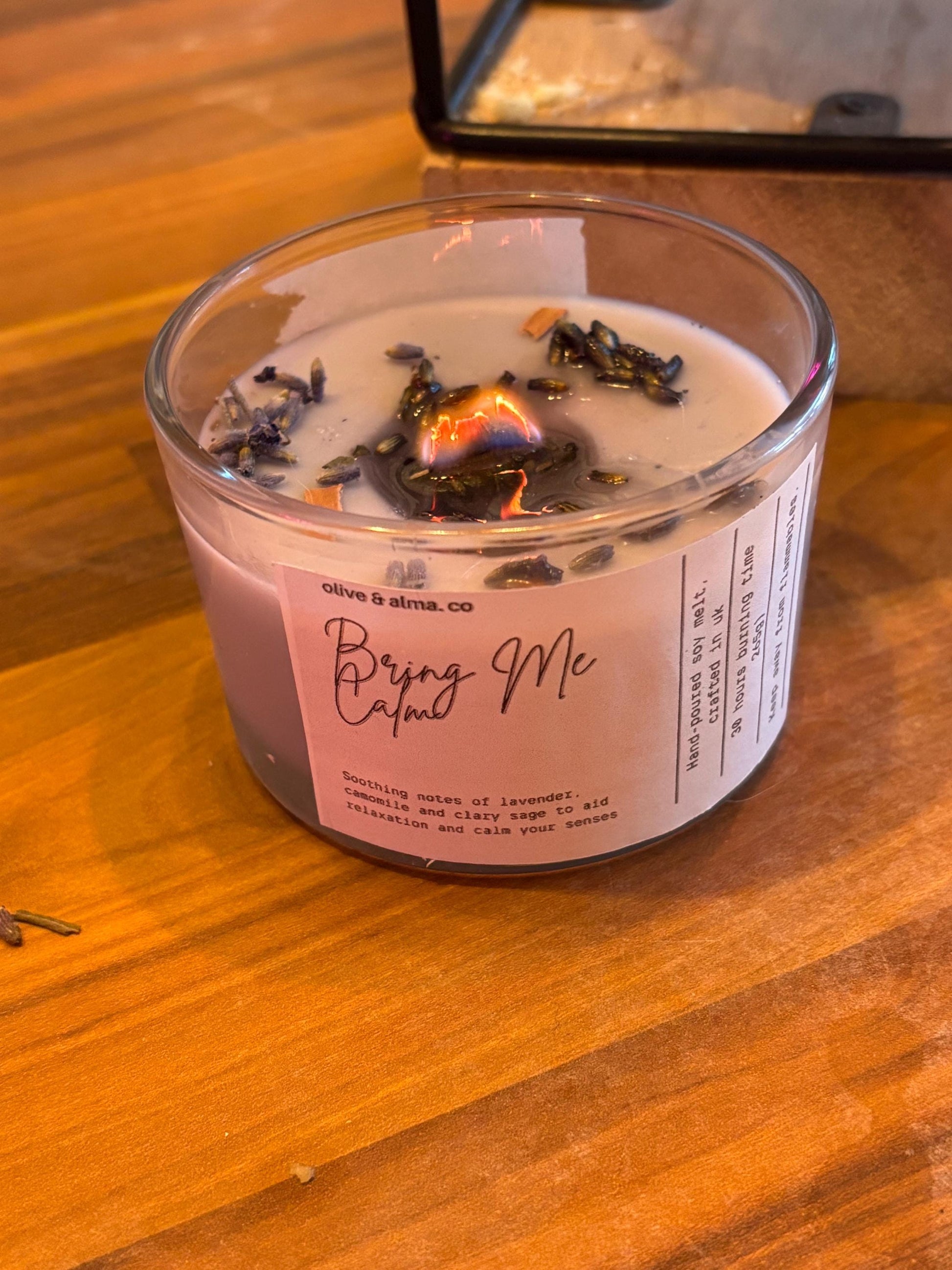 crackling wick manifestation container candle bamboo lid, lavender, boho, apothecary style, natural, personalised gift, handcrafted