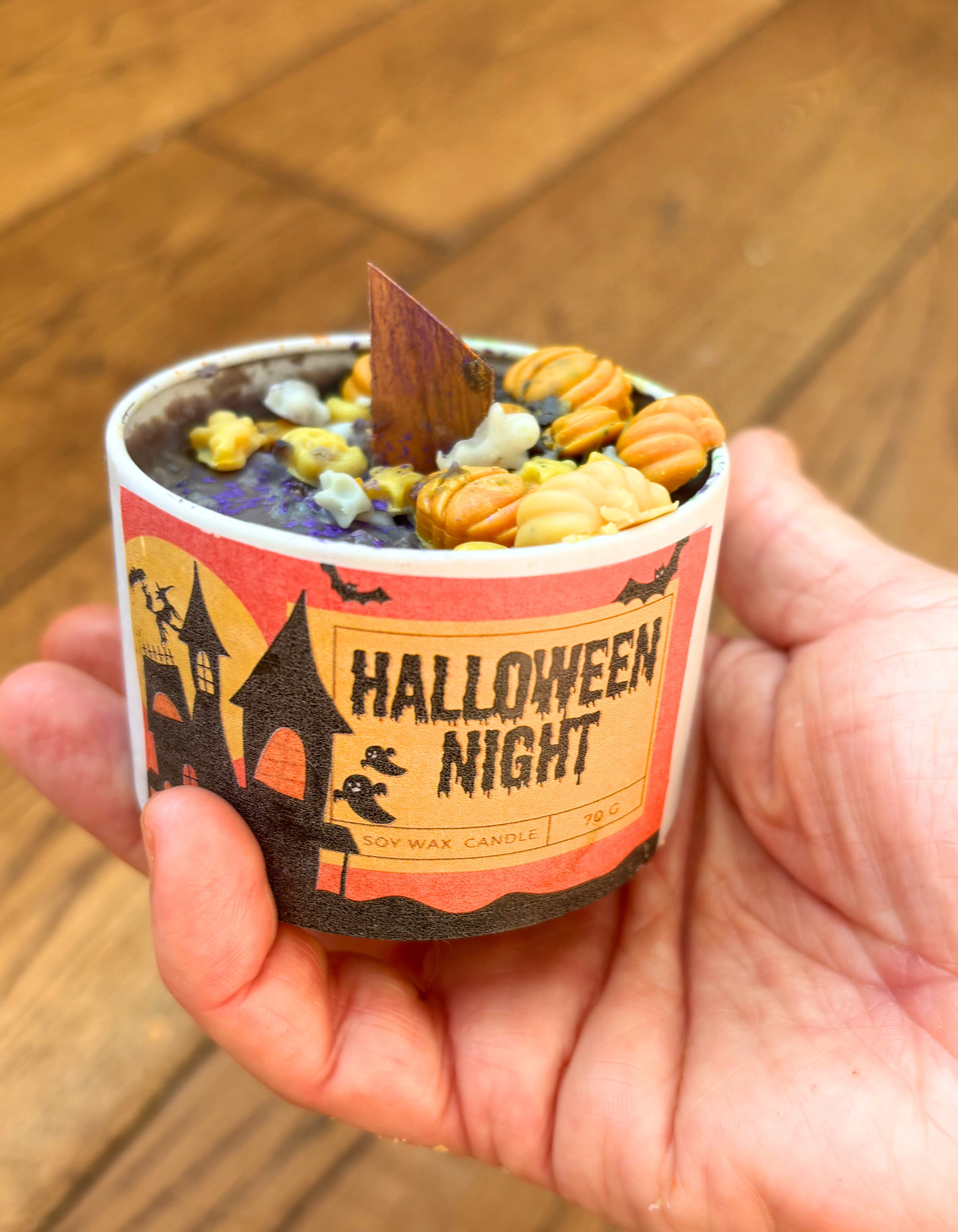 Halloween candle/container candle chocolate, vanilla and hazelnut scent in metal tin with bamboo-style lid , Halloween gift.
