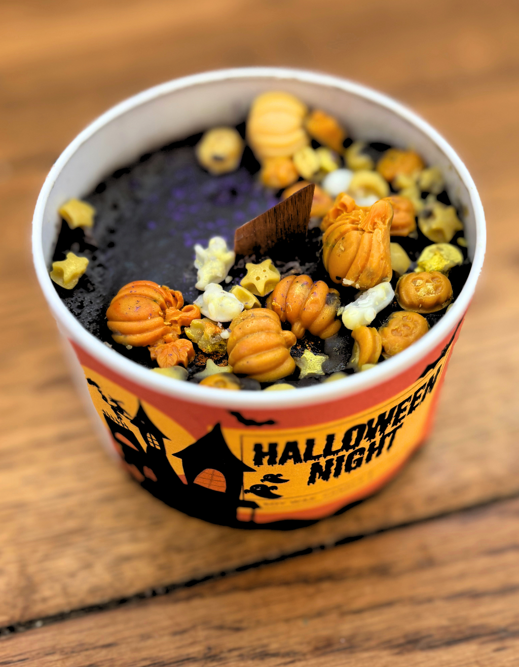 Halloween candle/container candle chocolate, vanilla and hazelnut scent in metal tin with bamboo-style lid , Halloween gift.
