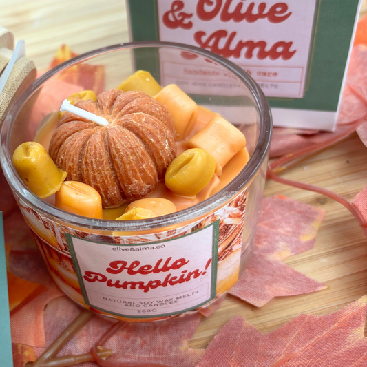 Hello Pumpkin Container candle with bamboo lid , Halloween candle, personalised, quirky gift, autumn scent,  candle jar