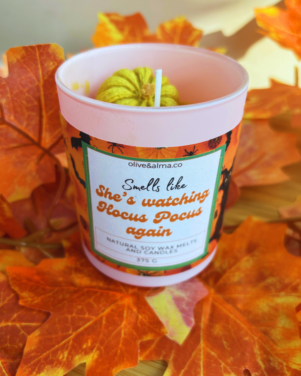 'Smells like she's watching Hocus Pocus again' Container candle Halloween candle, personalised, quirky gift, Hocus Pocus, autumn scent, fall, pink candle jar, chocolate spice scent