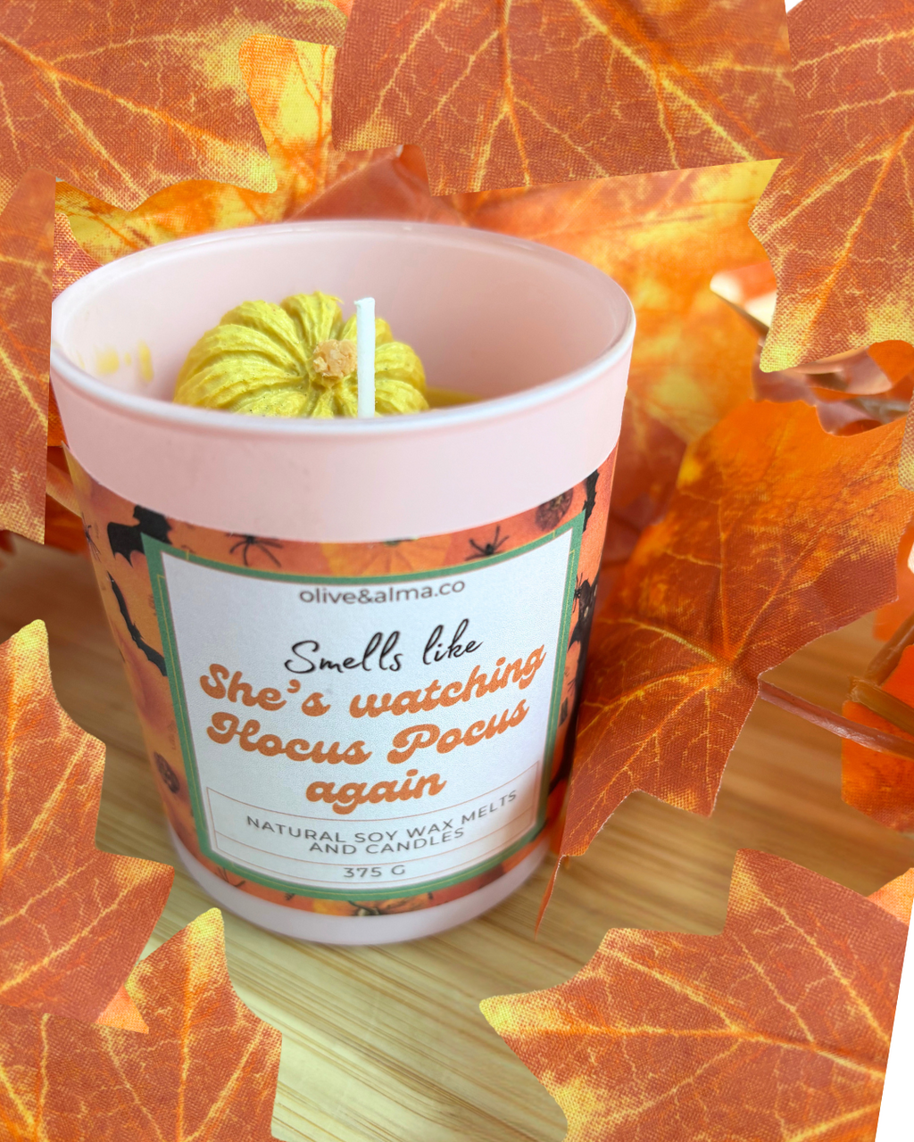 'Smells like she's watching Hocus Pocus again' Container candle Halloween candle, personalised, quirky gift, Hocus Pocus, autumn scent, fall, pink candle jar, chocolate spice scent