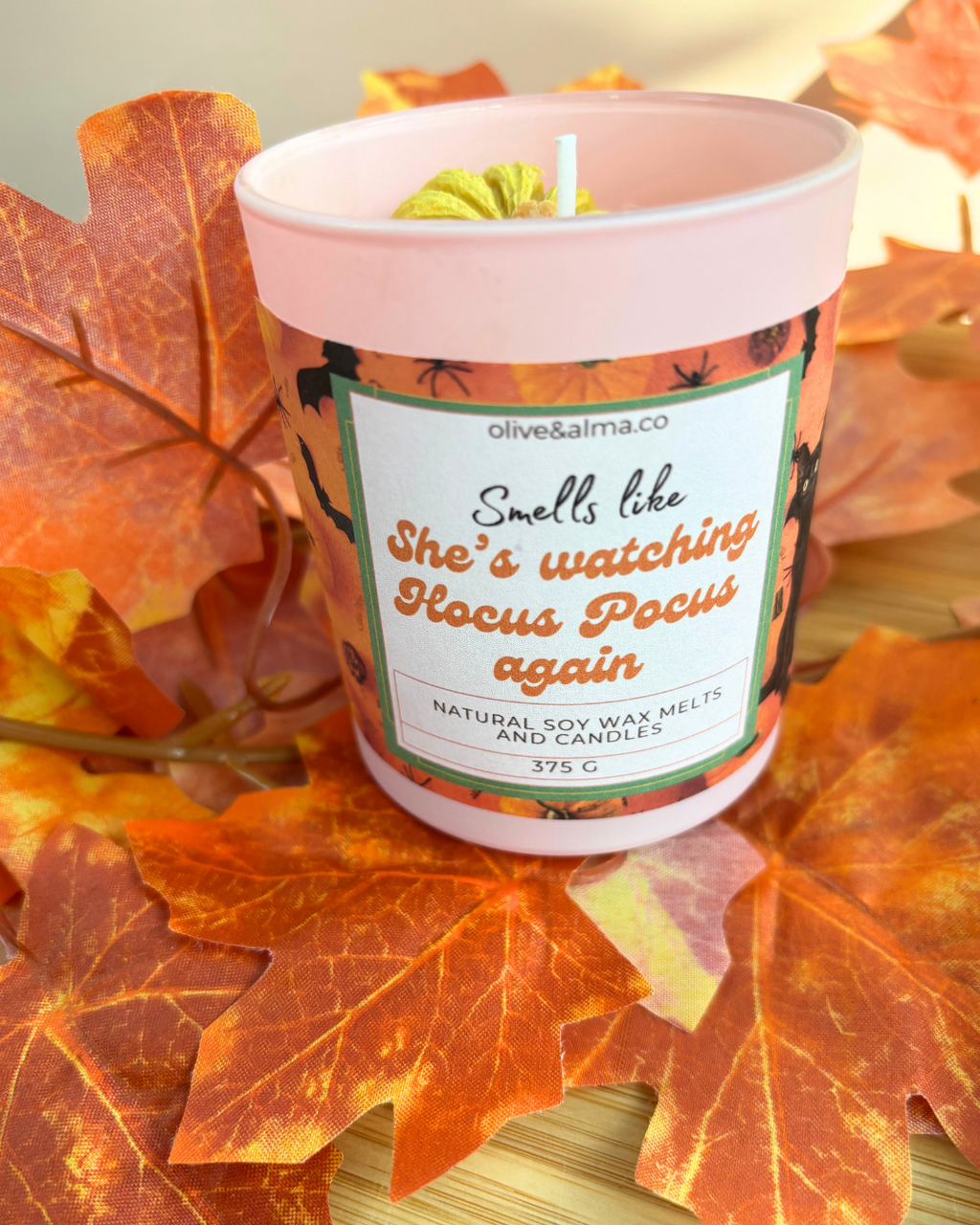 'Smells like she's watching Hocus Pocus again' Container candle Halloween candle, personalised, quirky gift, Hocus Pocus, autumn scent, fall, pink candle jar, chocolate spice scent