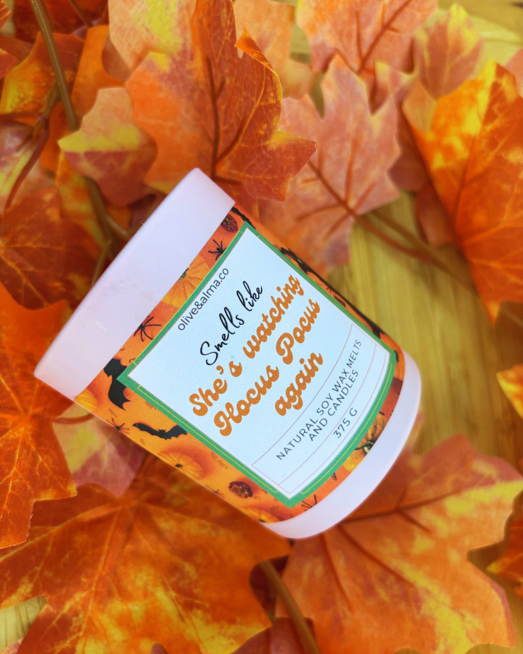 'Smells like she's watching Hocus Pocus again' Container candle Halloween candle, personalised, quirky gift, Hocus Pocus, autumn scent, fall, pink candle jar, chocolate spice scent