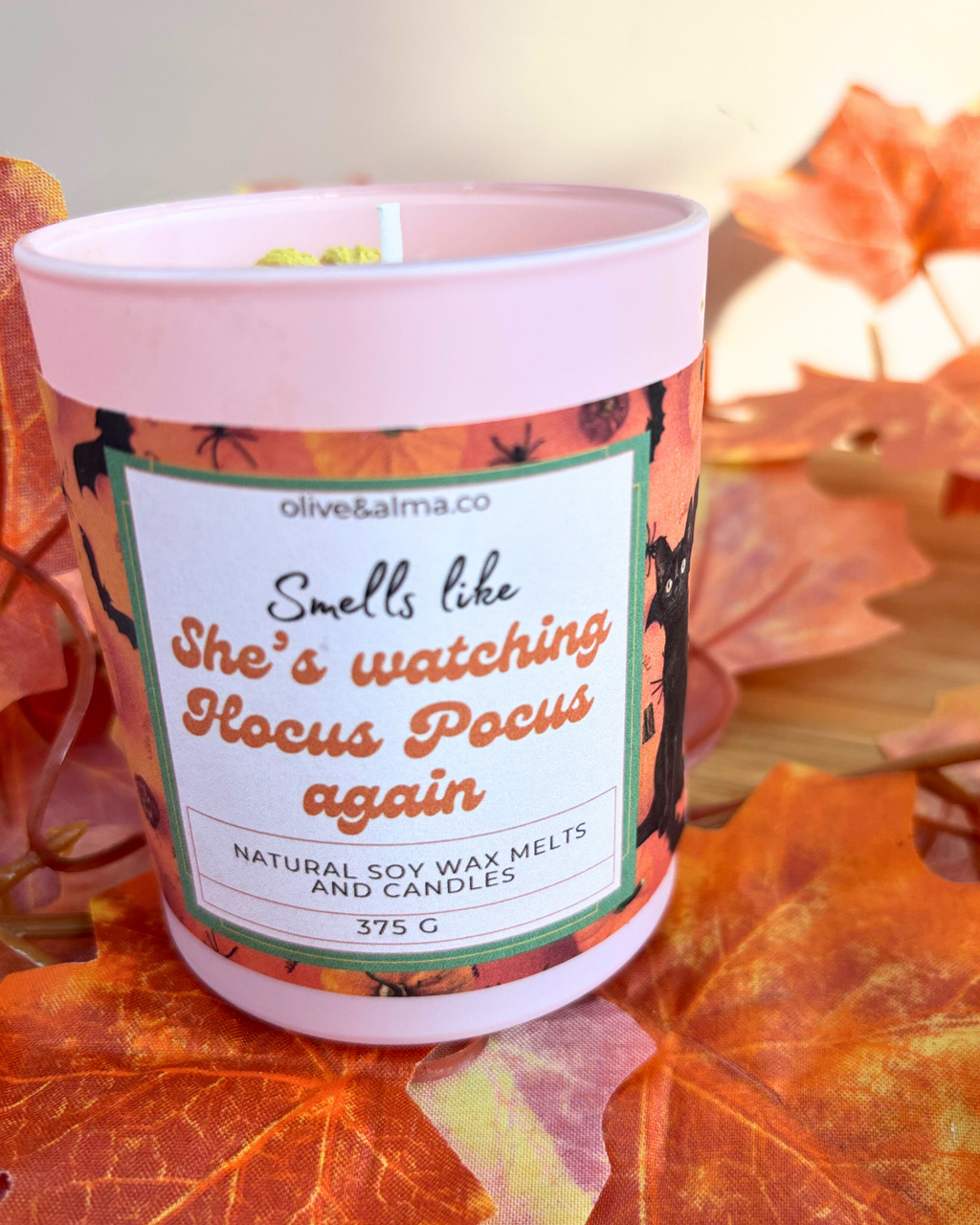 'Smells like she's watching Hocus Pocus again' Container candle Halloween candle, personalised, quirky gift, Hocus Pocus, autumn scent, fall, pink candle jar, chocolate spice scent