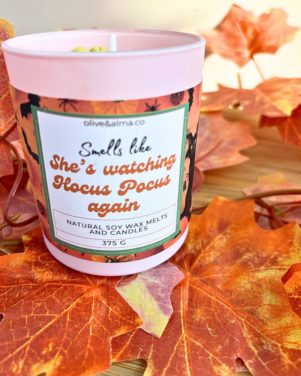 'Smells like she's watching Hocus Pocus again' Container candle Halloween candle, personalised, quirky gift, Hocus Pocus, autumn scent, fall, pink candle jar, chocolate spice scent