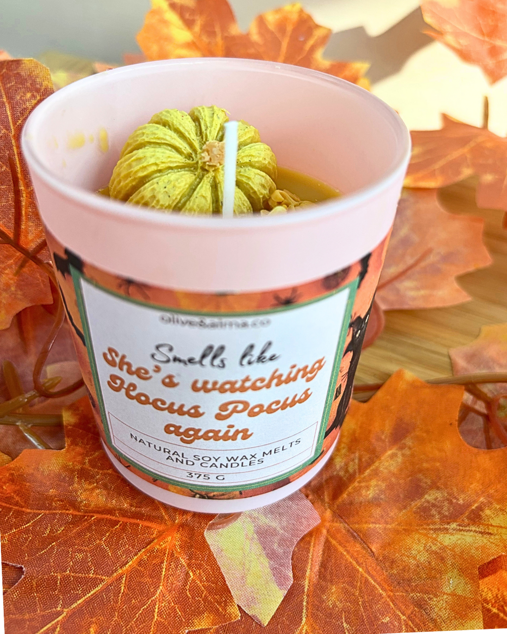 'Smells like she's watching Hocus Pocus again' Container candle Halloween candle, personalised, quirky gift, Hocus Pocus, autumn scent, fall, pink candle jar, chocolate spice scent