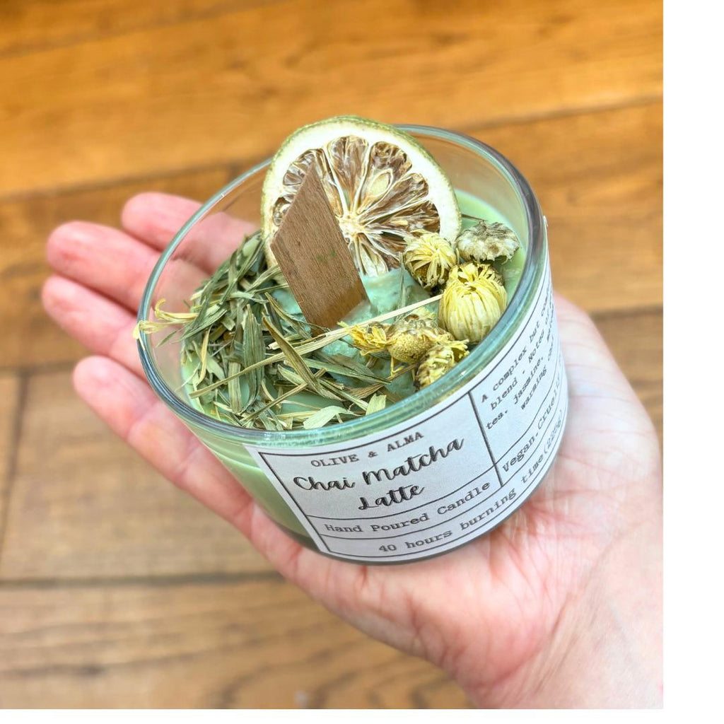 crackling wick container candle bamboo lid, Chai Matcha latte, boho, apothecary style, natural, personalised, unique gift, handcrafted