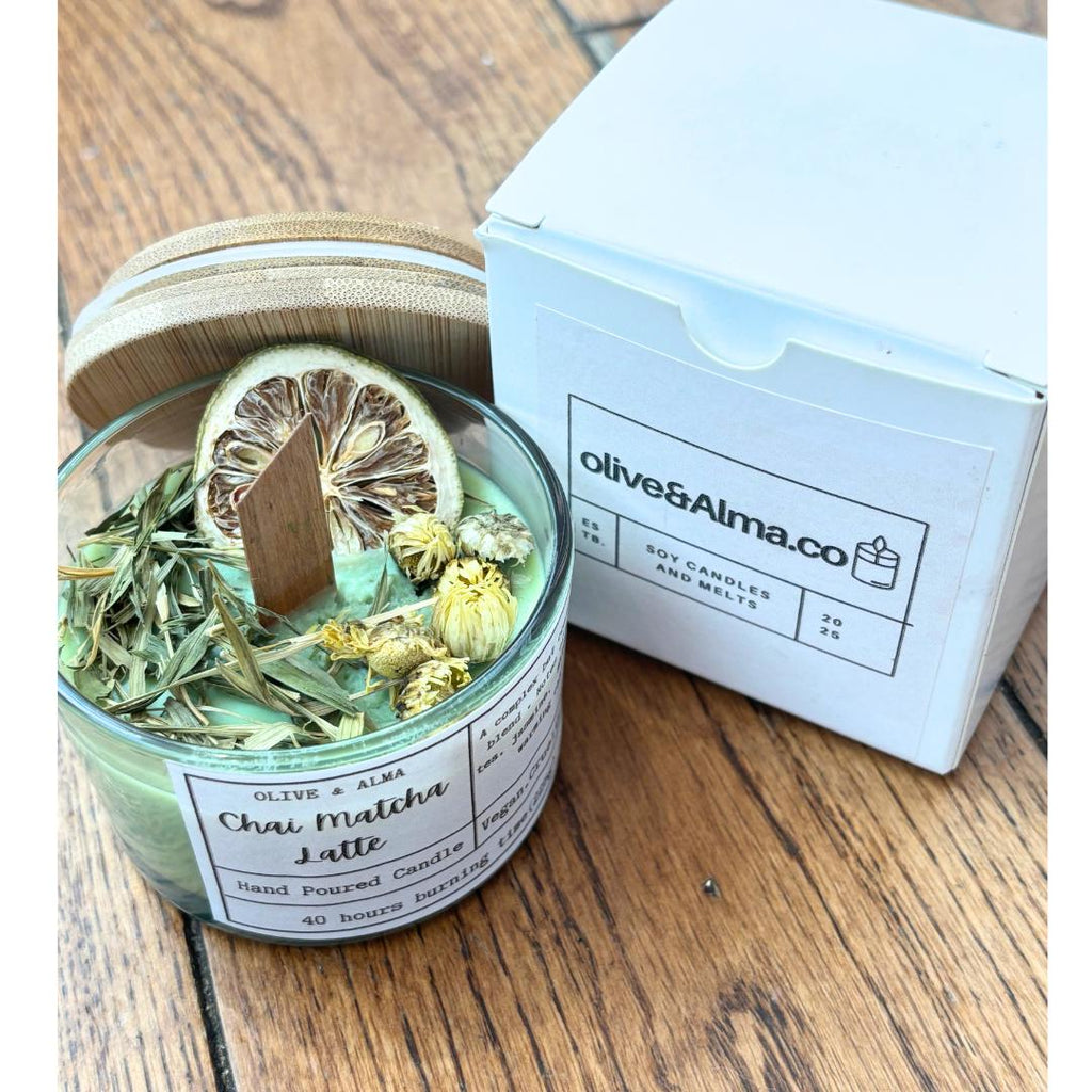 crackling wick container candle bamboo lid, Chai Matcha latte, boho, apothecary style, natural, personalised, unique gift, handcrafted