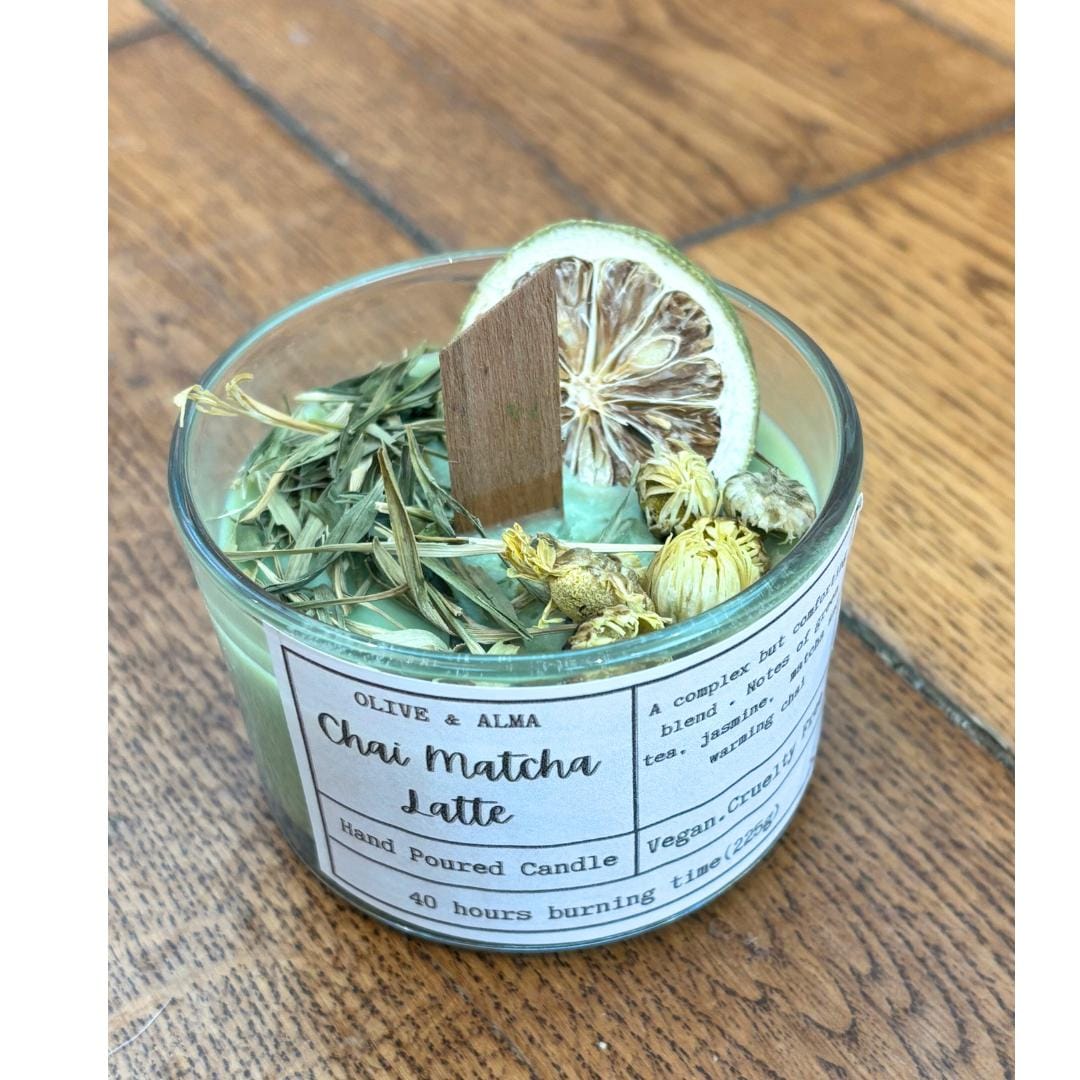 crackling wick container candle bamboo lid, Chai Matcha latte, boho, apothecary style, natural, personalised, unique gift, handcrafted