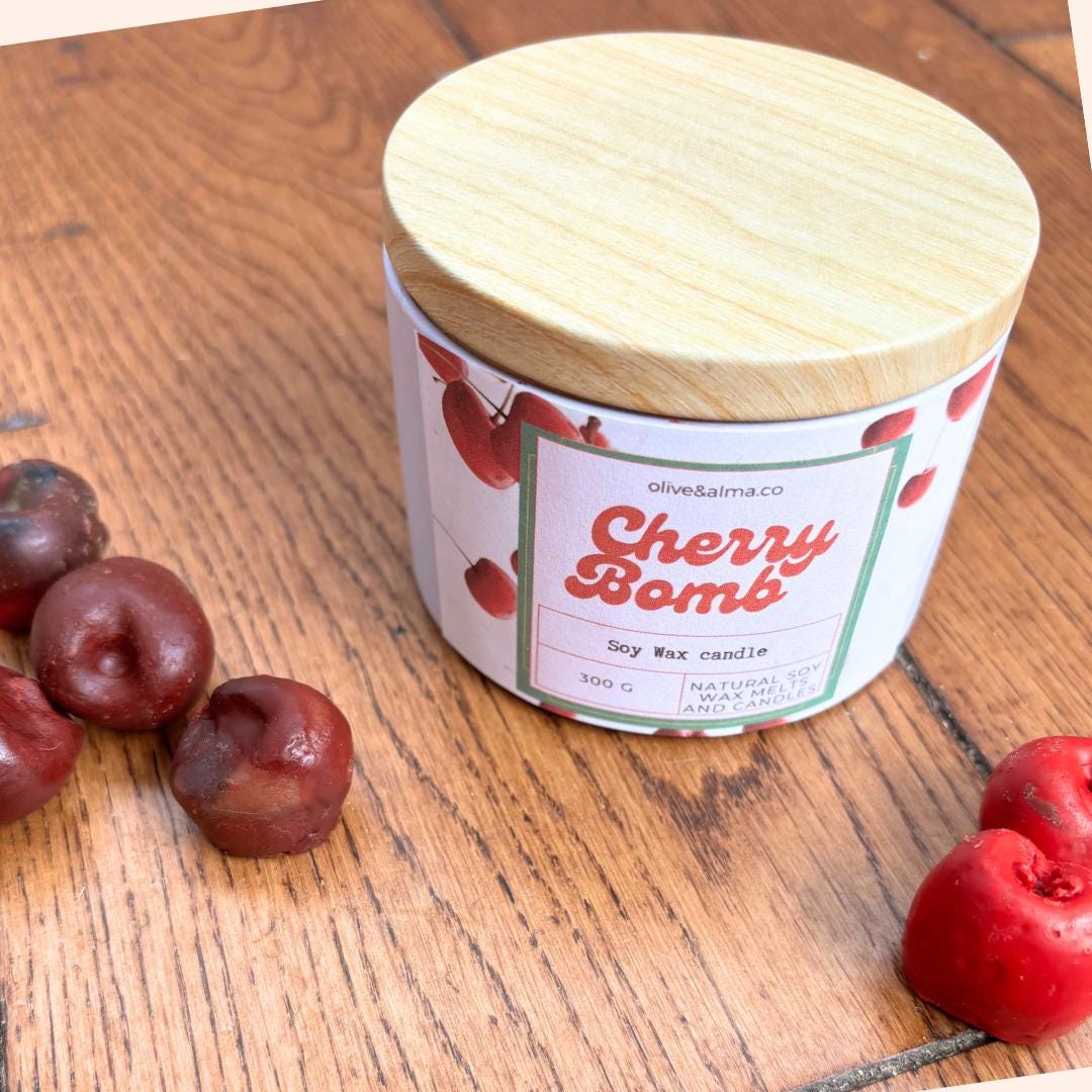 Cherry Scented Soy Candle: Crackling Wick, Bamboo Lid, Apothecary Jar