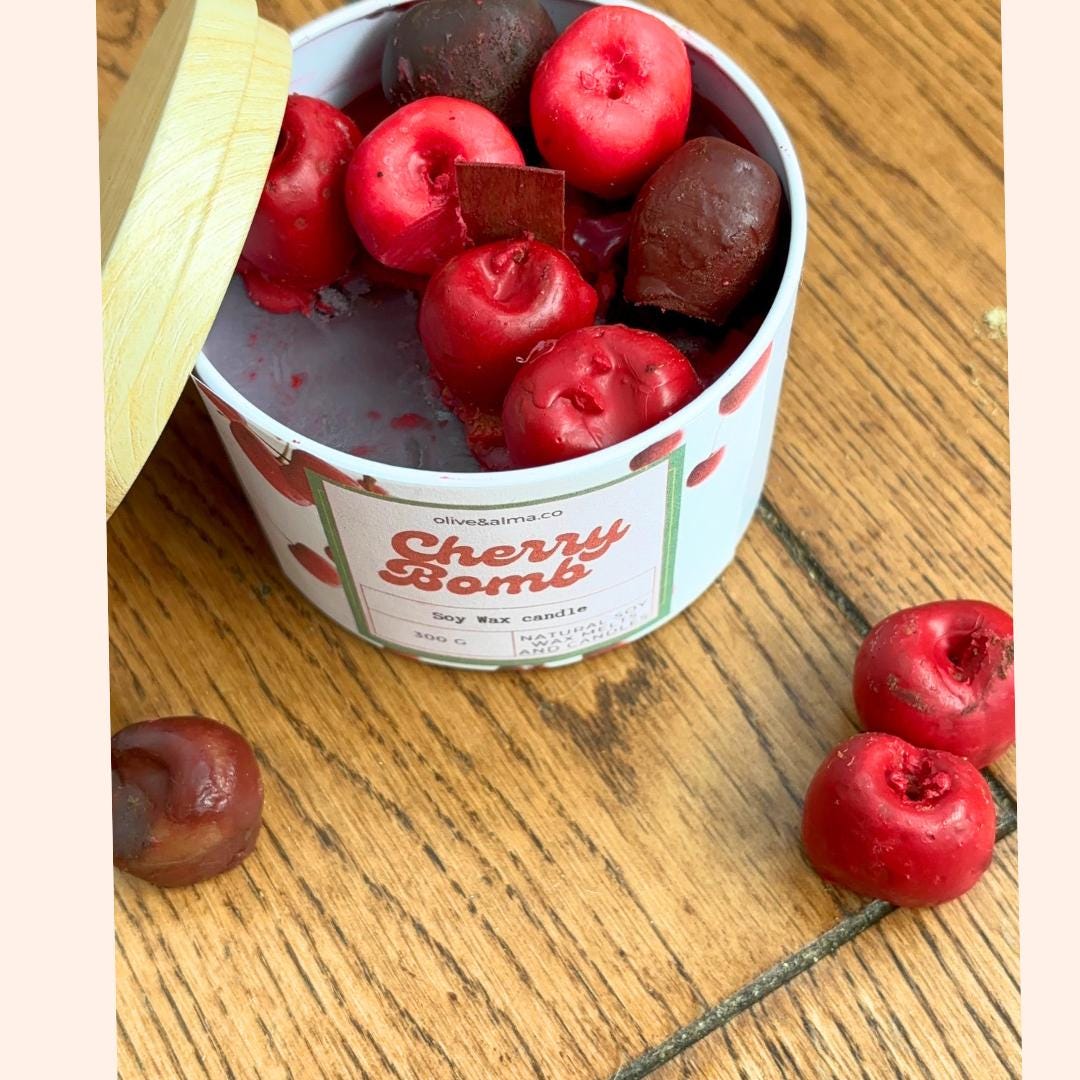 Cherry Scented Soy Candle: Crackling Wick, Bamboo Lid, Apothecary Jar