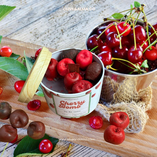 Cherry Scented Soy Candle: Crackling Wick, Bamboo Lid, Apothecary Jar