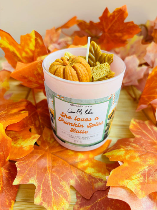 smells like she loves a pumpkin spice latte soy wax container candle, halloween candle