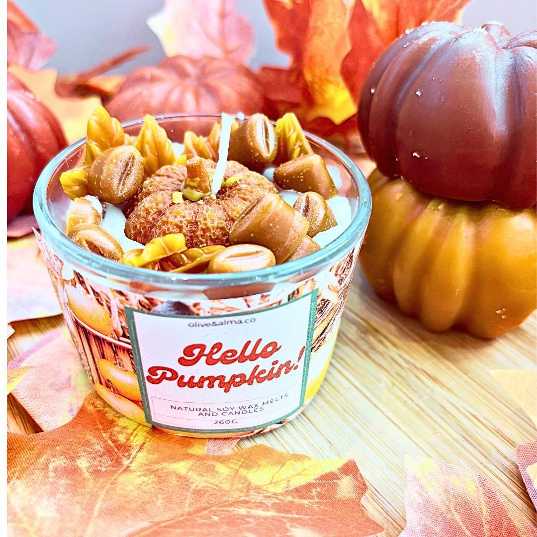 Hello Pumpkin Container candle with bamboo lid , Halloween candle, personalised, quirky gift, autumn scent,  candle jar