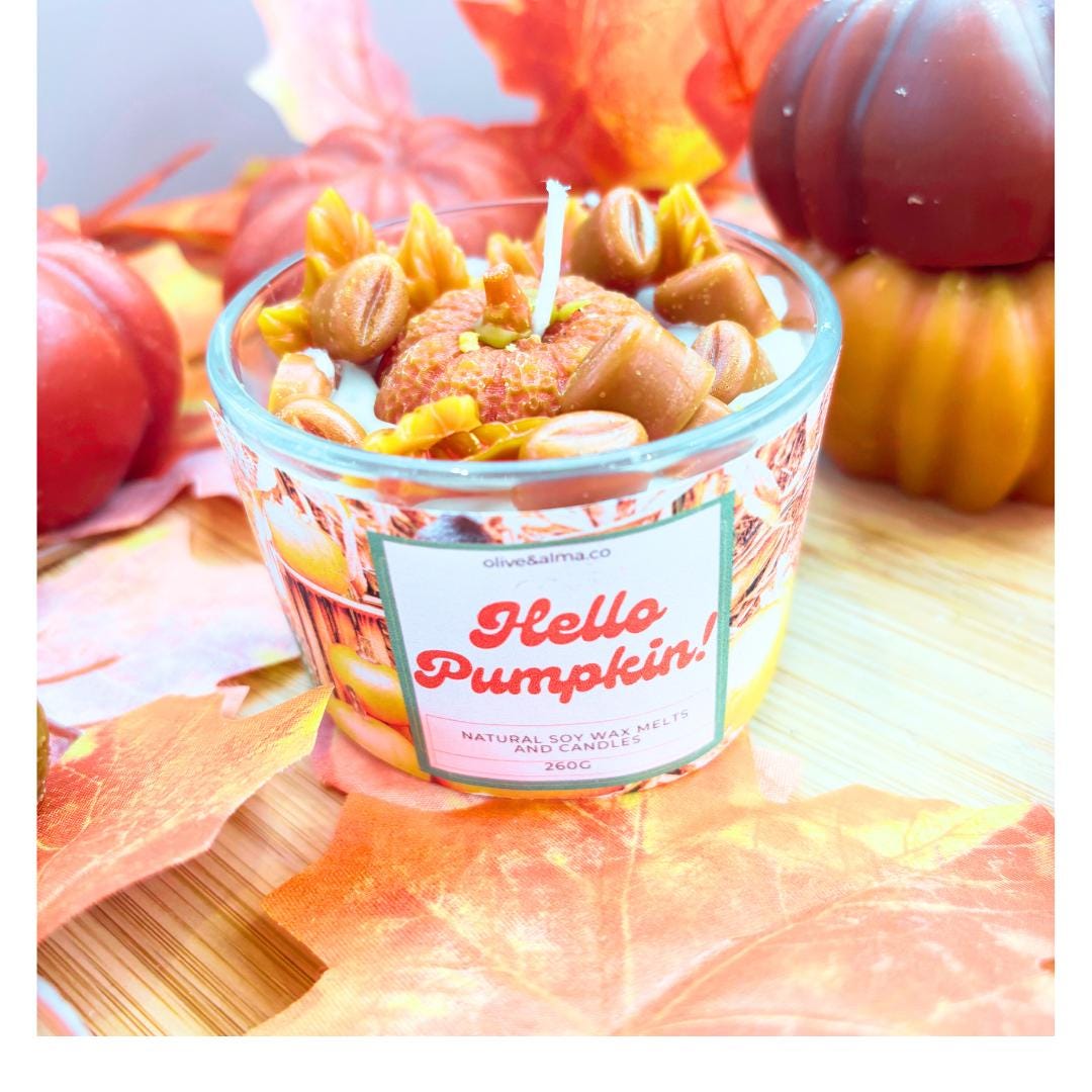 Hello Pumpkin Container candle with bamboo lid , Halloween candle, personalised, quirky gift, autumn scent,  candle jar