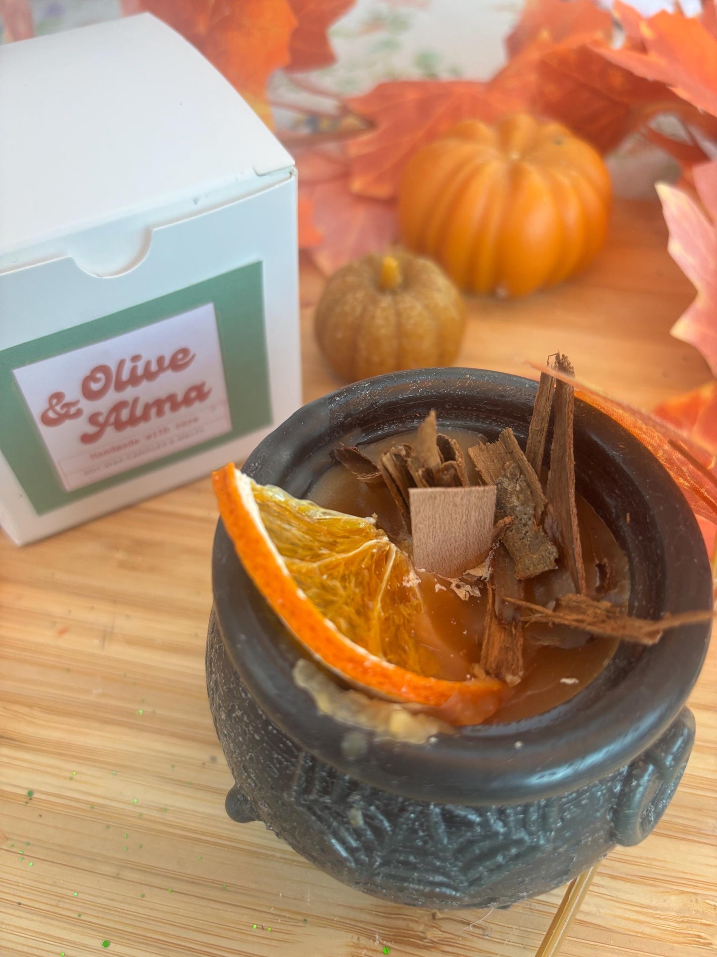 Cauldron candle, orange spice scent . Autumn Decoration | Fall Witchy halloween candle crackling wick