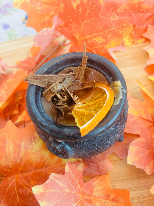 Cauldron candle, orange spice scent . Autumn Decoration | Fall Witchy halloween candle crackling wick